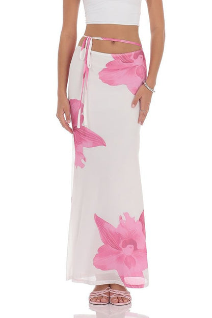 Mesh Floral Tie Bodycon Maxi Skirt