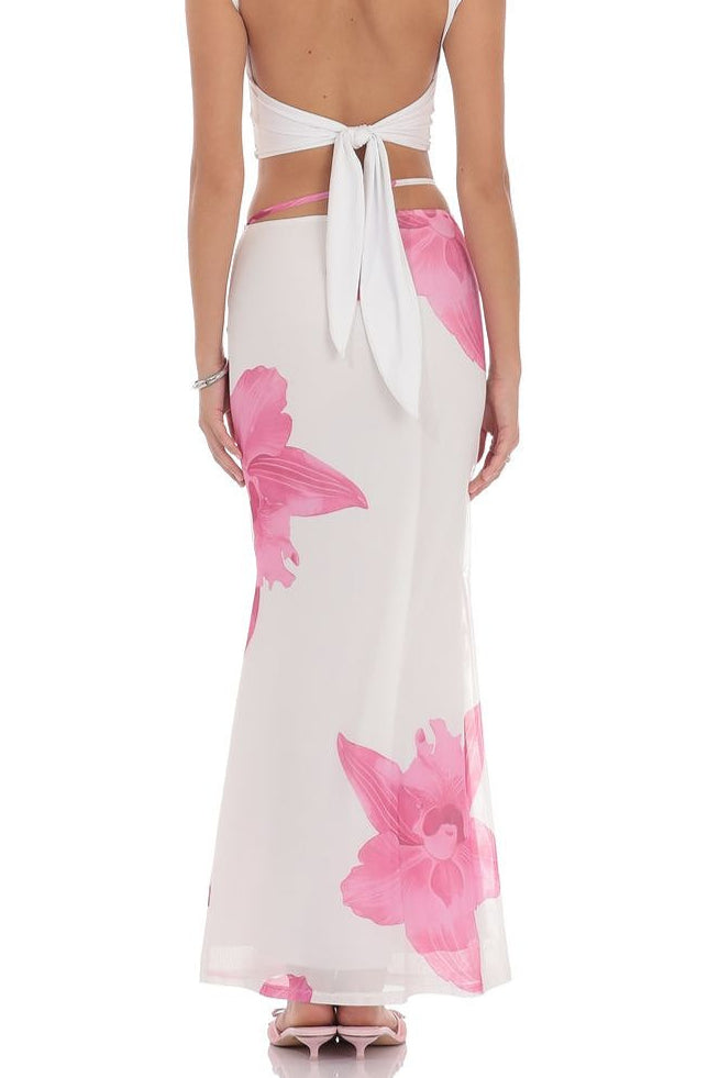 Mesh Floral Tie Bodycon Maxi Skirt