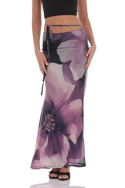 Mesh Floral Tie Bodycon Maxi Skirt