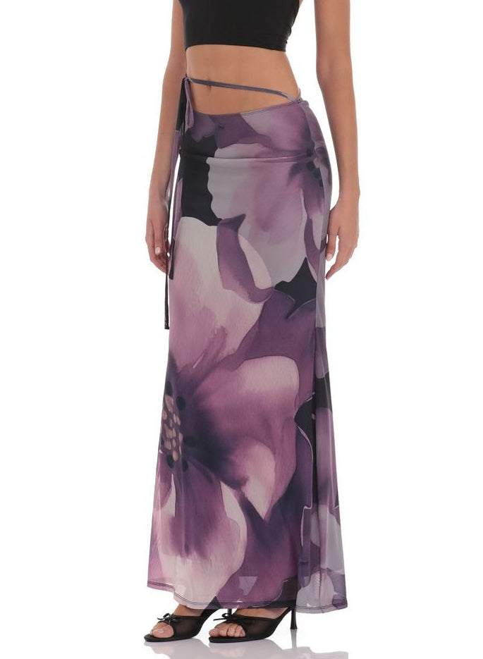 Mesh Floral Tie Bodycon Maxi Skirt