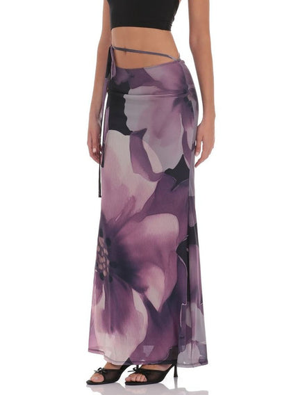 Mesh Floral Tie Bodycon Maxi Skirt