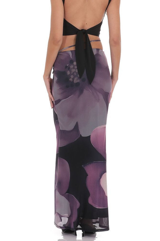 Mesh Floral Tie Bodycon Maxi Skirt