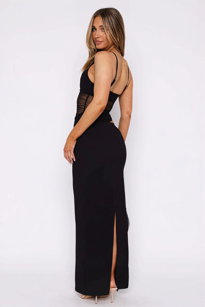 Mesh Patchwork Backless Slim Bodycon Maxi Dress