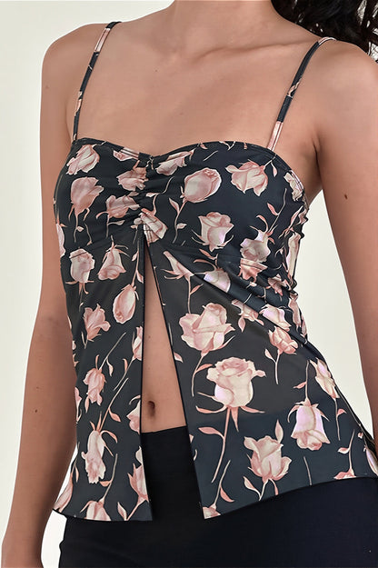 Mesh Rose Print Split Cami Top