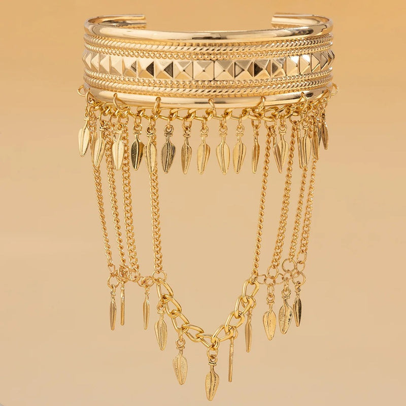 Metal Leaf Coin Tassel Open Bracelet