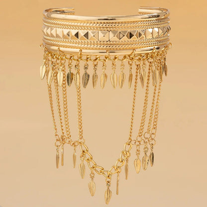 Metal Leaf Coin Tassel Open Bracelet