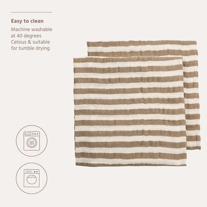 Meyco - Muslin Cloths - Taupe Stripe (2 Pack) 70x70cm - Mabel & Fox