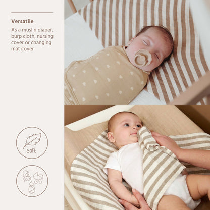 Meyco - Muslin Cloths - Taupe Stripe (2 Pack) 70x70cm - Mabel & Fox
