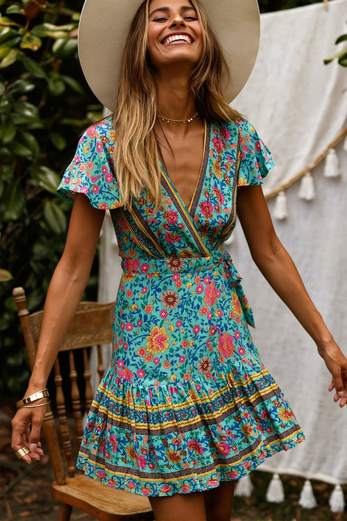 Mini V Neck Floral Print Boho Dress