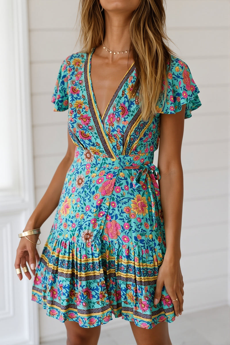Mini V Neck Floral Print Boho Dress