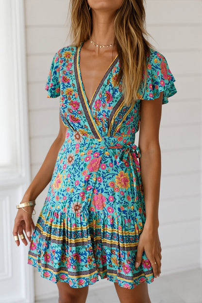 Mini V Neck Floral Print Boho Dress