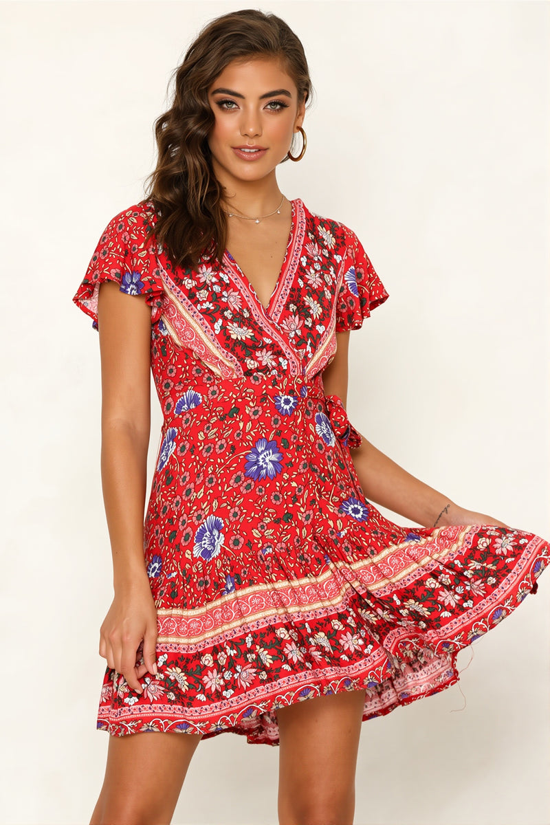 Mini V Neck Floral Print Boho Dress