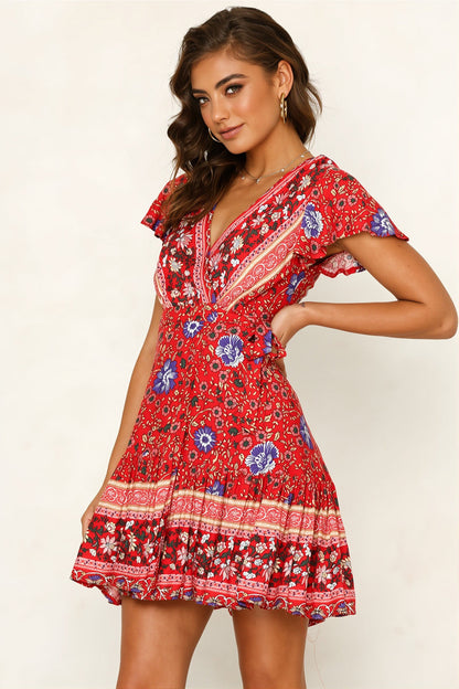Mini V Neck Floral Print Boho Dress