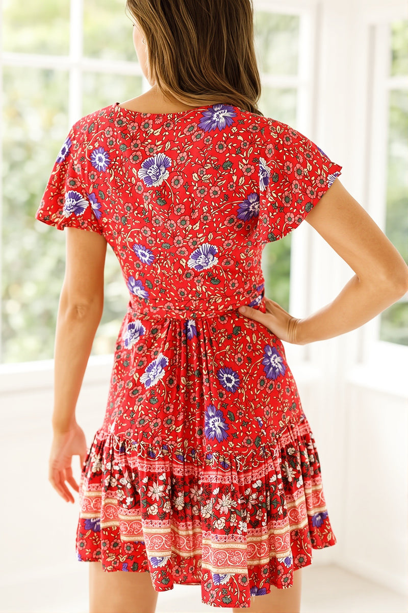 Mini V Neck Floral Print Boho Dress