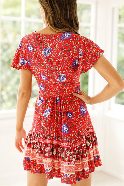 Mini V Neck Floral Print Boho Dress