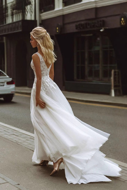 Minimal Deep V Backless Lace Wedding Dress
