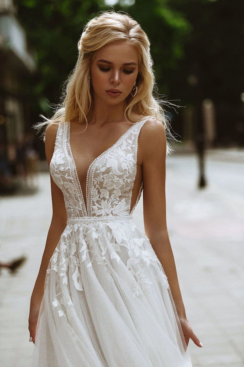 Minimal Deep V Backless Lace Wedding Dress