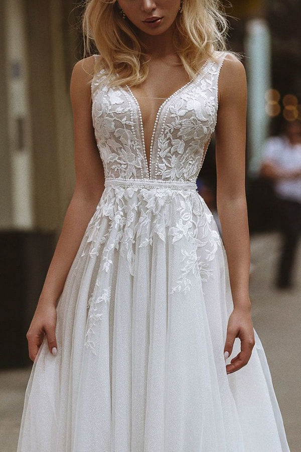 Minimal Deep V Backless Lace Wedding Dress