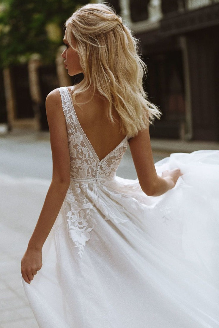 Minimal Deep V Backless Lace Wedding Dress