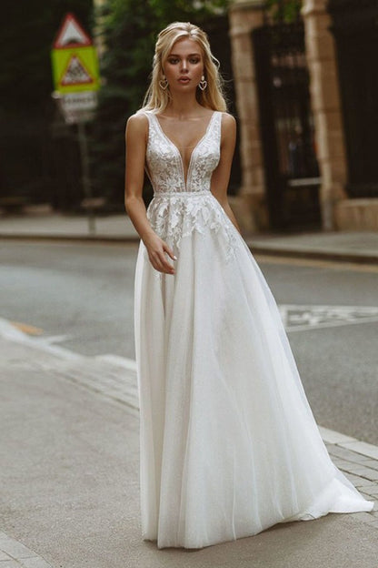 Minimal Deep V Backless Lace Wedding Dress