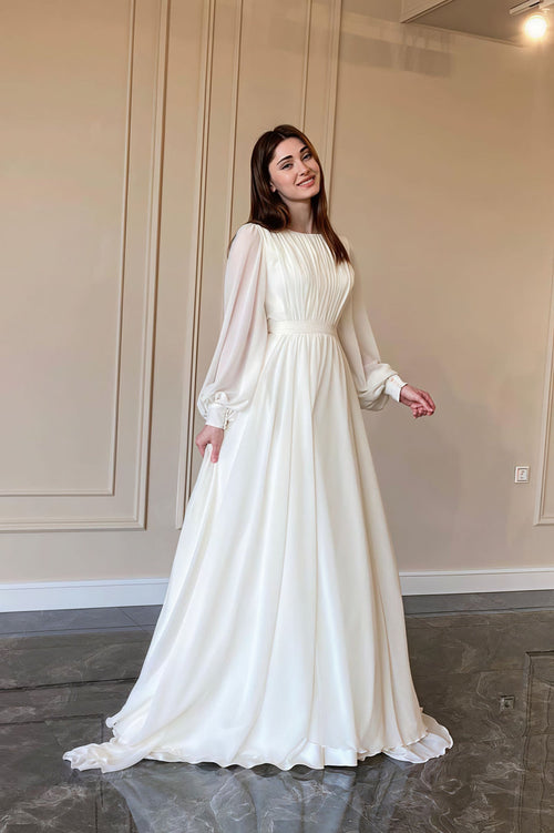 Minimalist Flowy Silky Retro Long Sleeve Reception Dress