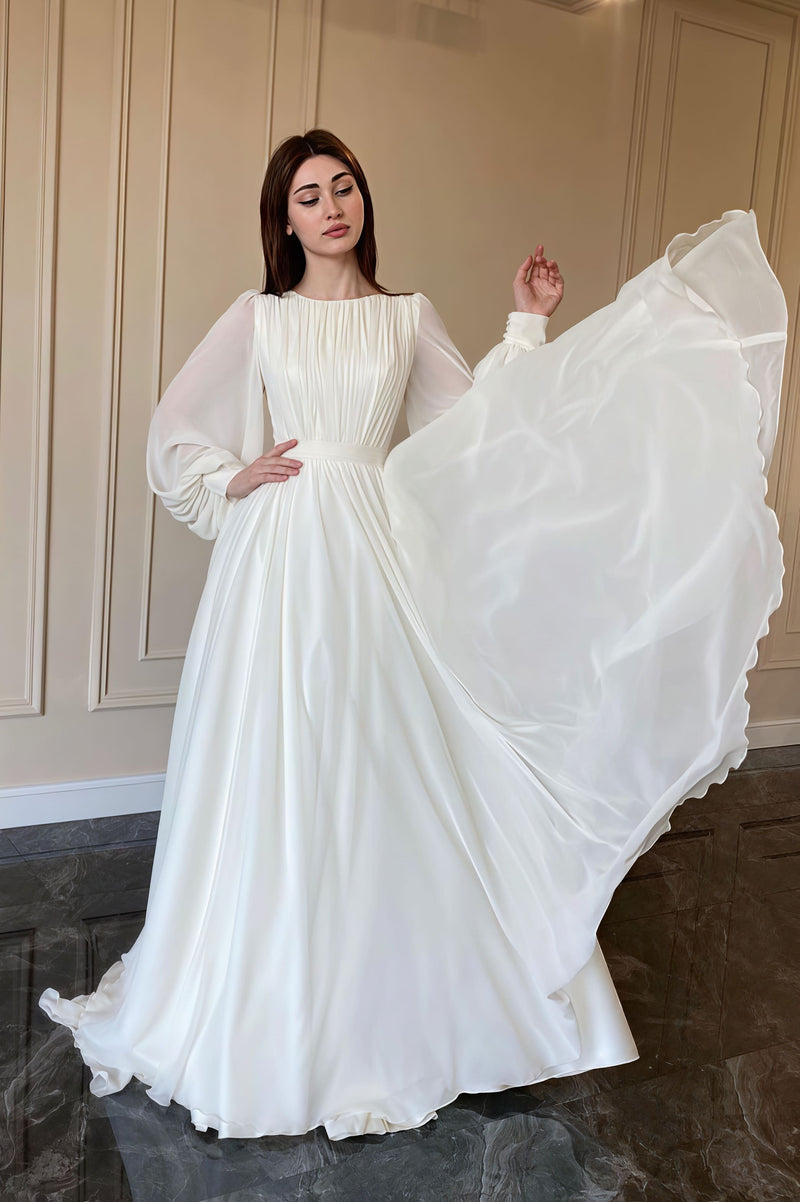 Minimalist Flowy Silky Retro Long Sleeve Reception Dress