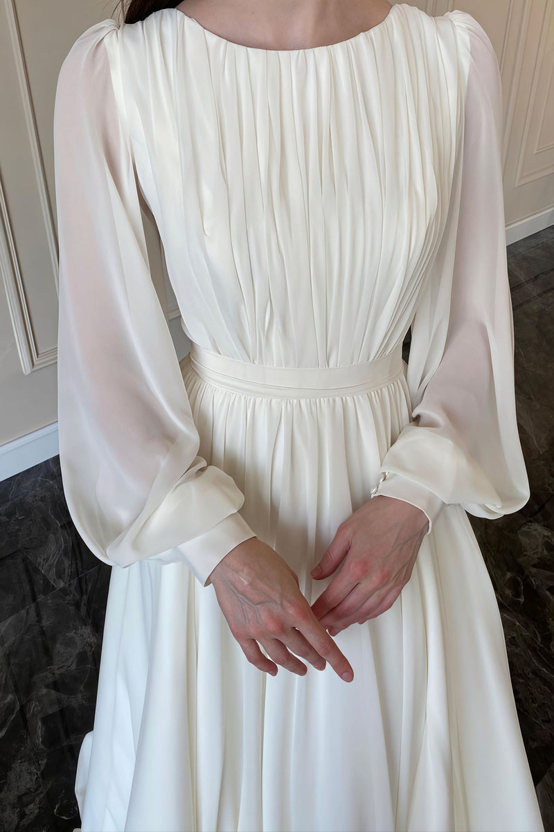Minimalist Flowy Silky Retro Long Sleeve Reception Dress