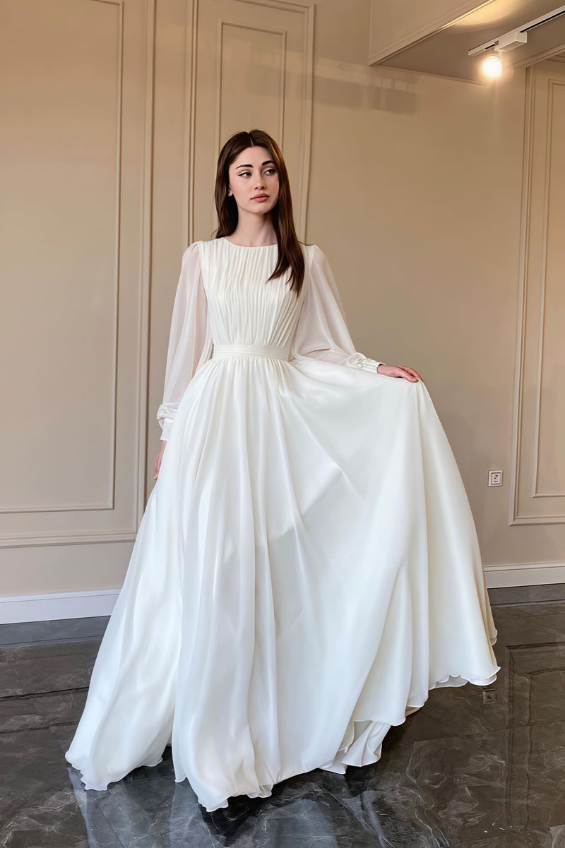 Minimalist Flowy Silky Retro Long Sleeve Reception Dress