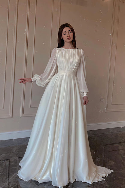 Minimalist Flowy Silky Retro Long Sleeve Reception Dress