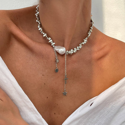 Minimalist Irregular Beaded Star Cross Tassel NeckLace