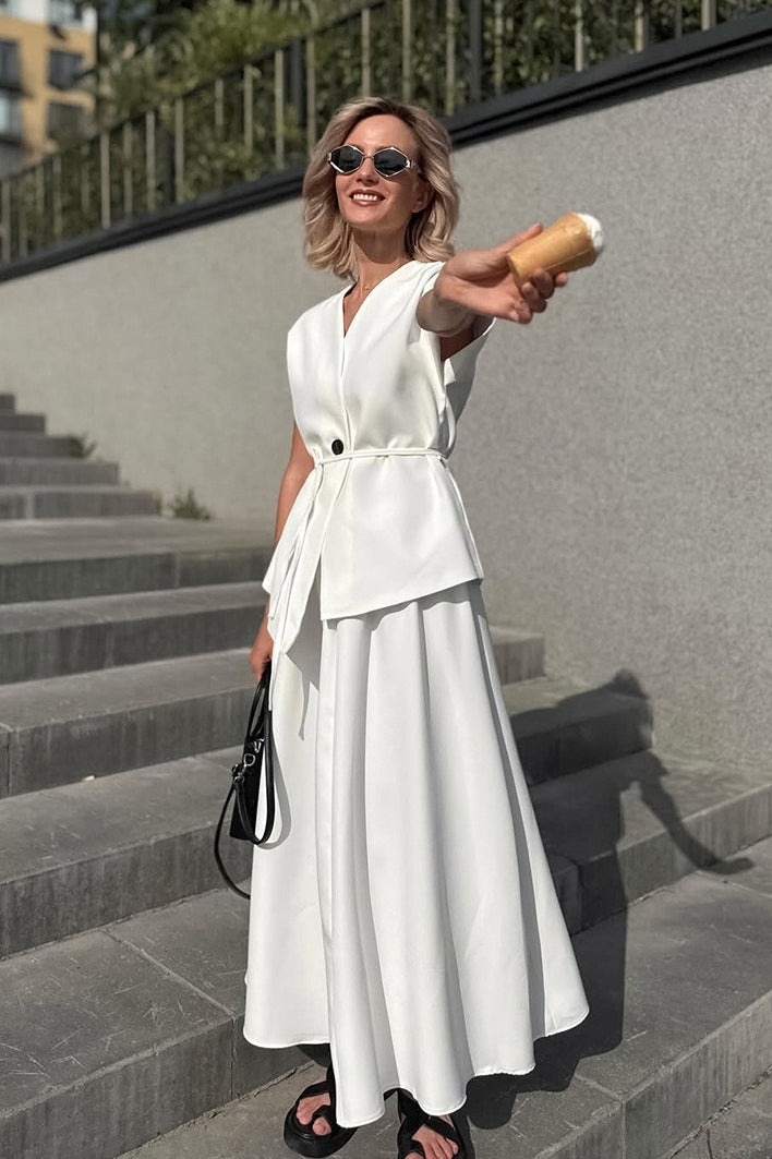Minimalist Tie Sleeveless Midi A Line Skirt Set