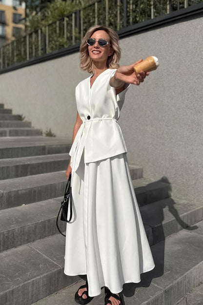 Minimalist Tie Sleeveless Midi A Line Skirt Set