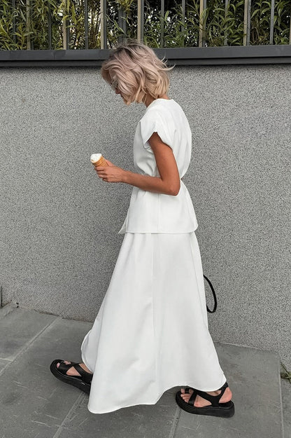 Minimalist Tie Sleeveless Midi A Line Skirt Set