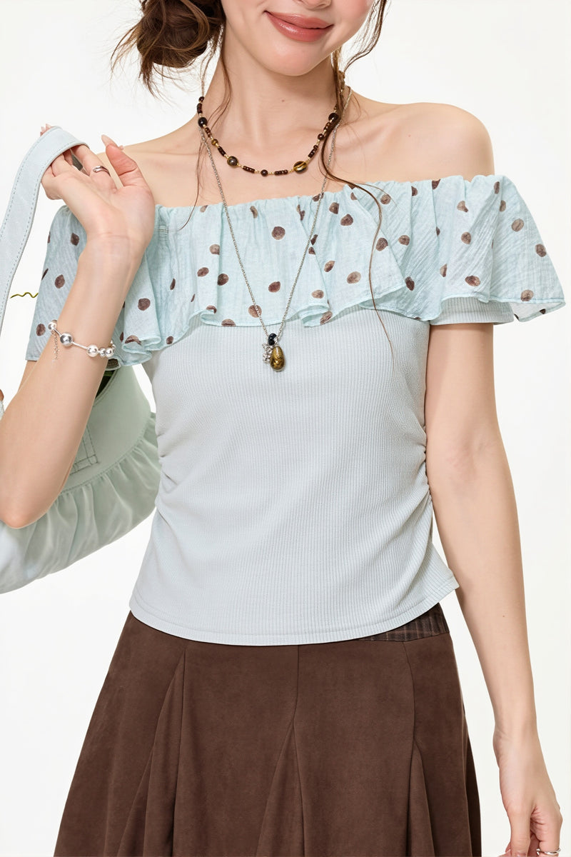 Mint Polka Dot Ruffle Off Shoulder Blouse