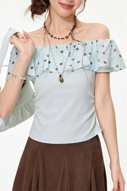 Mint Polka Dot Ruffle Off Shoulder Blouse