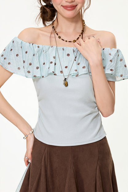 Mint Polka Dot Ruffle Off Shoulder Blouse