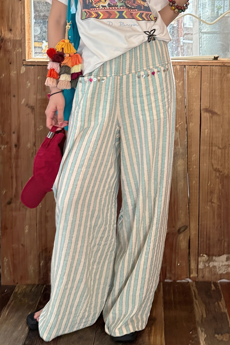 Mint Striped Linen Cotton Casual Pants