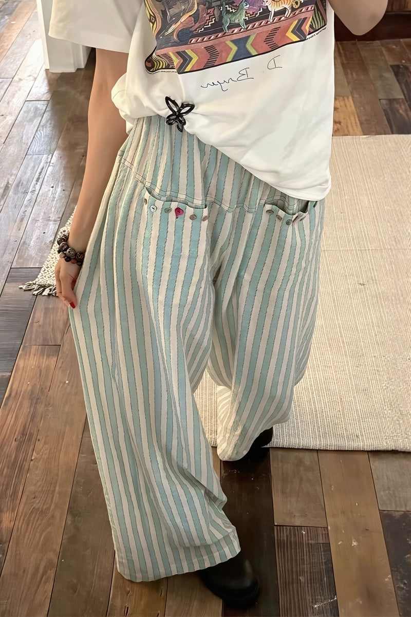Mint Striped Linen Cotton Casual Pants
