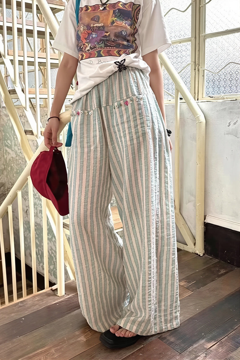 Mint Striped Linen Cotton Casual Pants