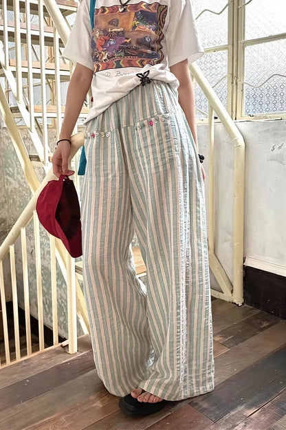 Mint Striped Linen Cotton Casual Pants
