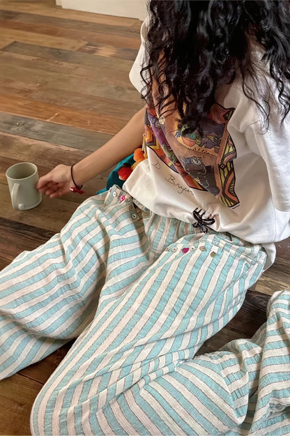 Mint Striped Linen Cotton Casual Pants