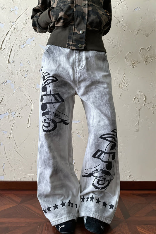 Music Note Washed Wide Leg Jeans