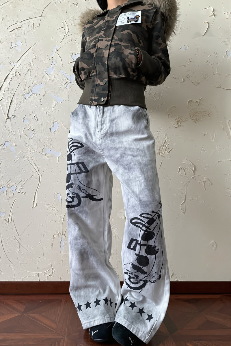 Music Note Washed Wide Leg Jeans