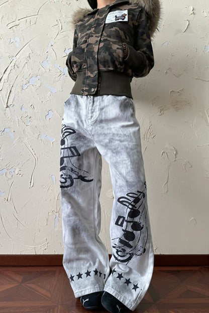 Music Note Washed Wide Leg Jeans