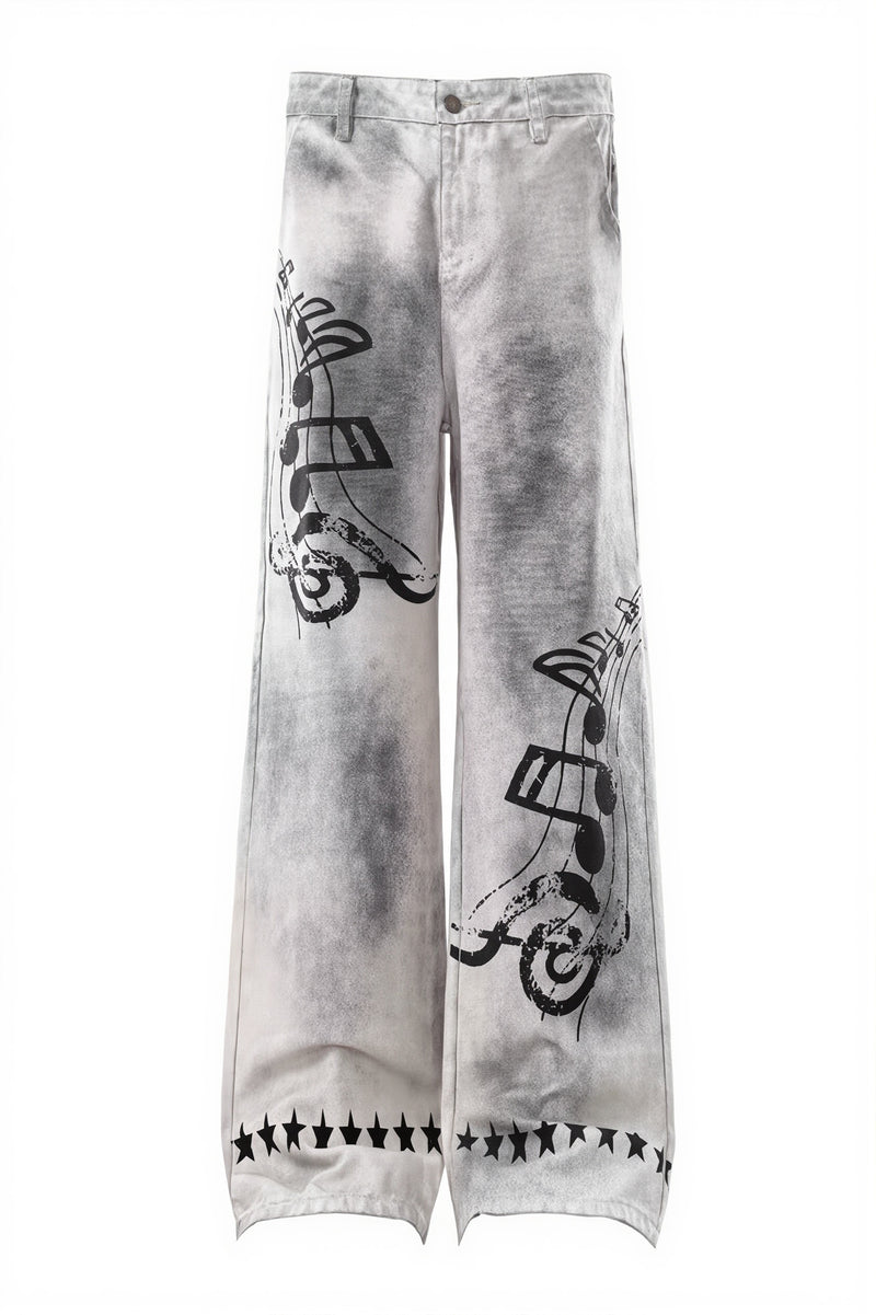 Music Note Washed Wide Leg Jeans