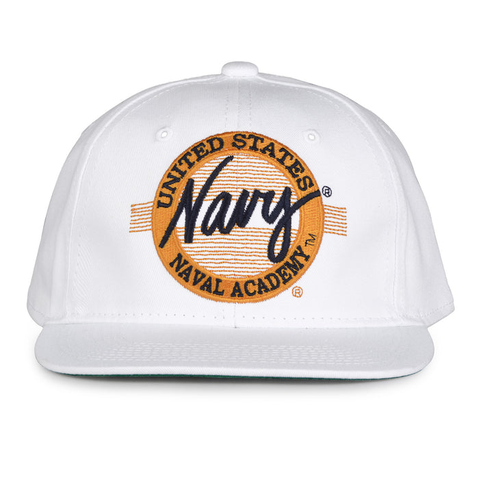 Navy Retro Circle snapback hat in white, front view