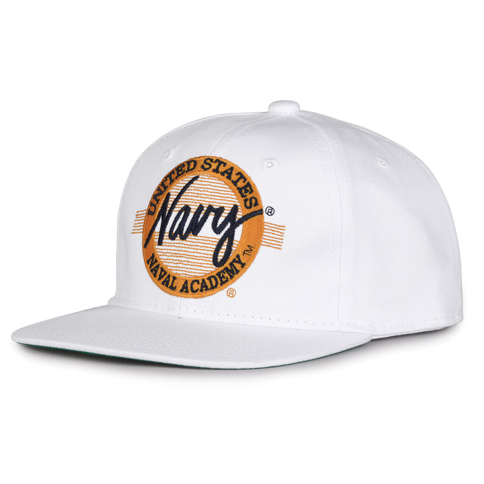 Navy Retro Circle snapback hat in white, angled view
