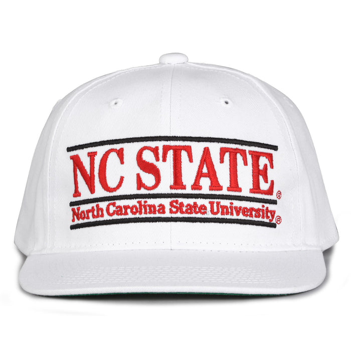 NC State Retro Bar snapback hat in white, front view