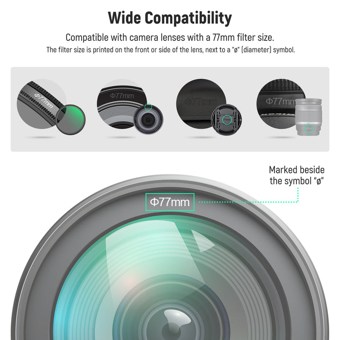NEEWER Camera Lens Cap is compatible with camera lenses with a 77mm filter size.
