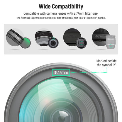 NEEWER Camera Lens Cap is compatible with camera lenses with a 77mm filter size.